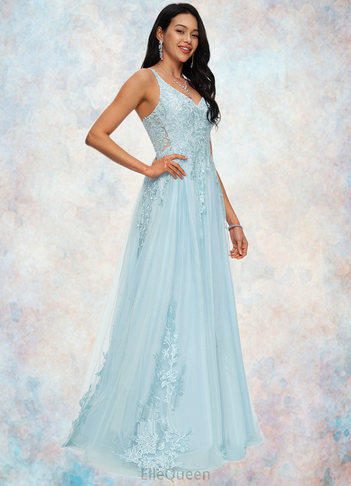 Hilary A-line V-Neck Floor-Length Tulle Prom Dresses With Rhinestone Appliques Lace Sequins DGP0022225