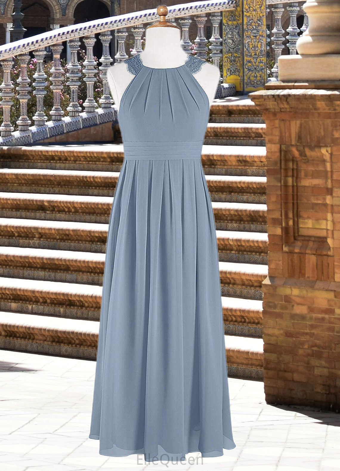 Amina A-Line Lace Chiffon Floor-Length Junior Bridesmaid Dress dusty blue DGP0022871