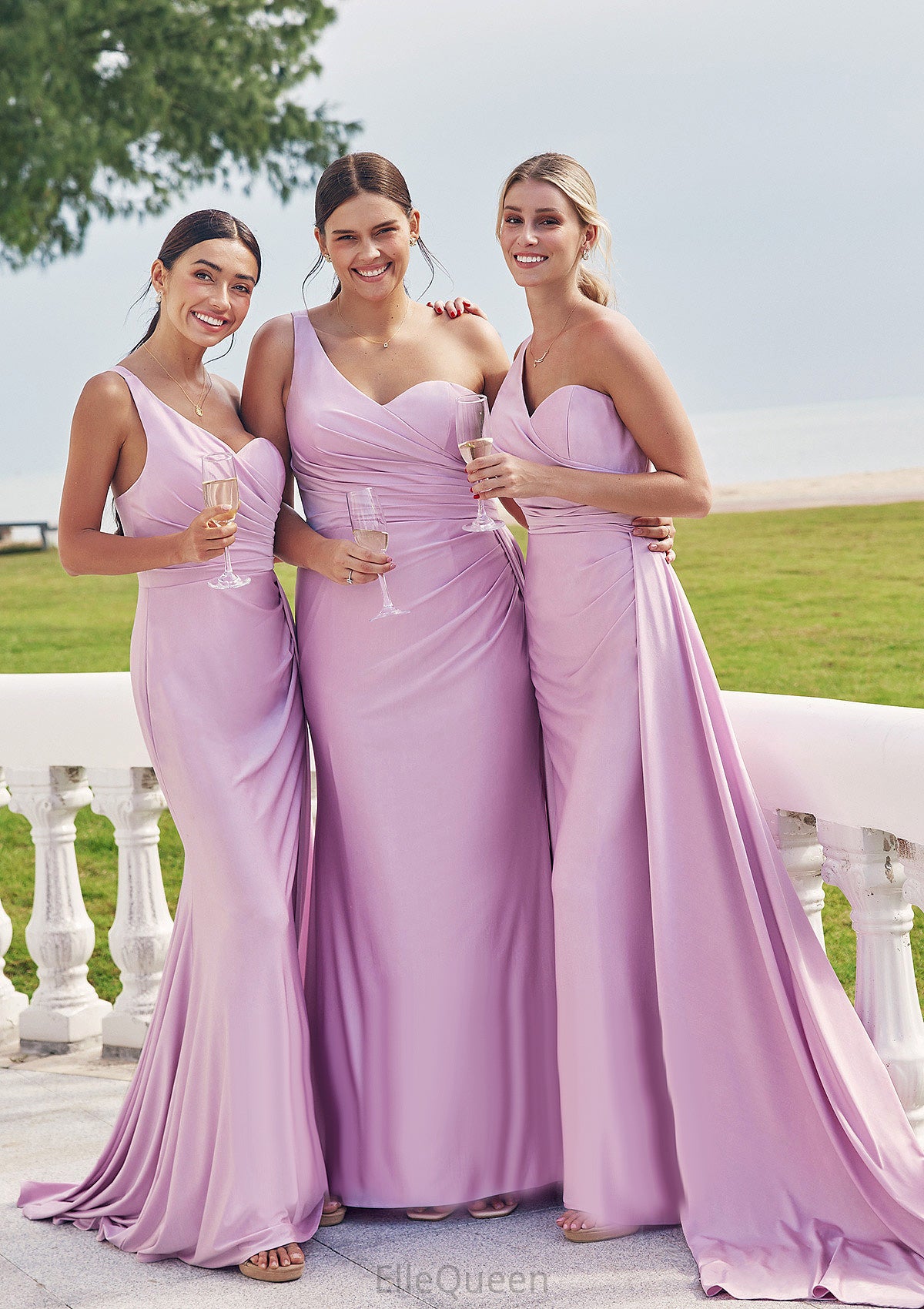 Trumpet/Mermaid One-Shoulder Sleeveless Floor-Length Jersey Plus Size Bridesmaid Dresses with Pleated Side Draping Kyra DGP0025235