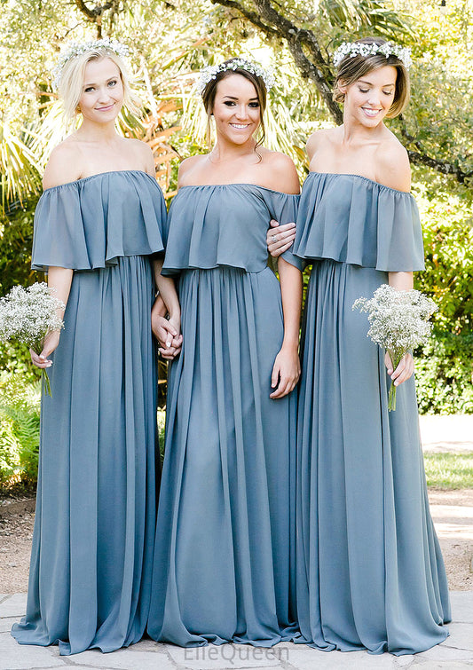 Off-The-Shoulder A-Line/Princess Long/Floor-Length Chiffon Bridesmaid Dresses With Ruffles Skyler DGP0025555