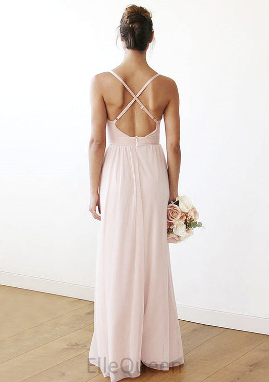 Spaghetti Straps Sleeveless V Neck Long/Floor-Length Chiffon Bridesmaid Dresses With Pleated Kennedy DGP0025561