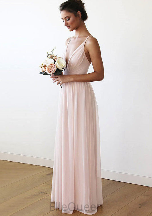 Spaghetti Straps Sleeveless V Neck Long/Floor-Length Chiffon Bridesmaid Dresses With Pleated Kennedy DGP0025561