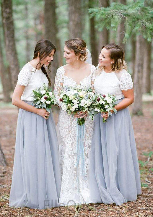 Short Sleeve Scoop Neck Long/Floor-Length A-line/Princess Tulle Bridesmaid Dresseses With Lace Araceli DGP0025563