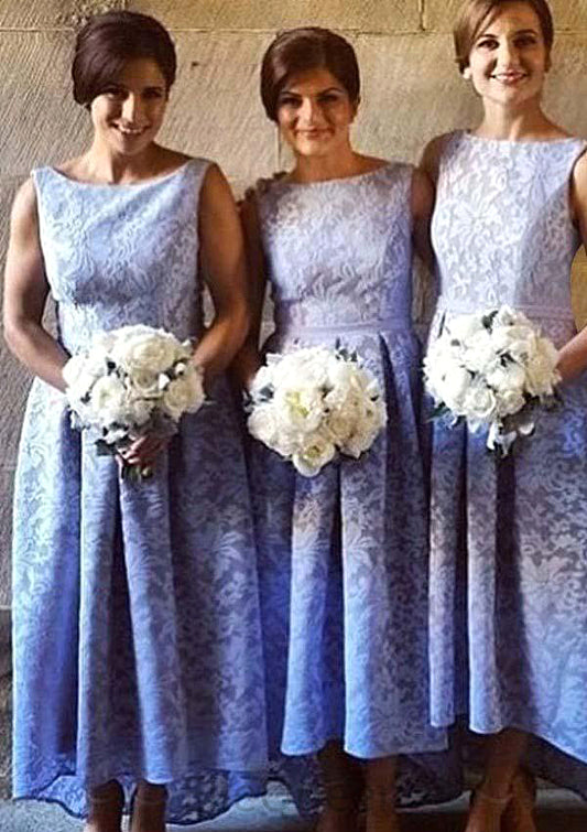 Bateau Sleeveless Asymmetrical A-line/Princess Lace Bridesmaid Dresseses With Pleated Hillary DGP0025576