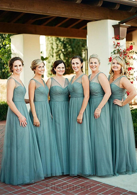 Sleeveless V Neck Tulle Long/Floor-Length A-line/Princess Bridesmaid Dresseses With Pleated Saniyah DGP0025578