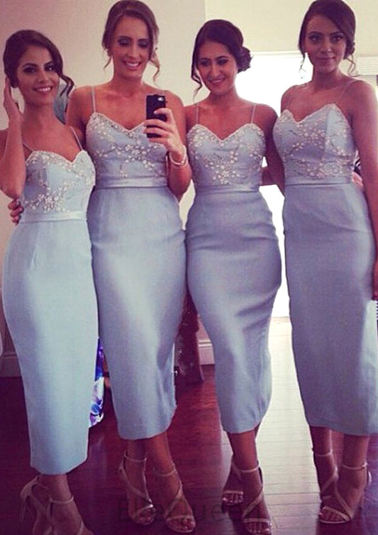 Sleeveless V Neck Tea-Length Sheath/Column Elastic Satin Bridesmaid Dresseses With Appliqued Raven DGP0025581