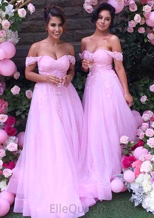 Sleeveless Off-the-Shoulder Long/Floor-Length Tulle A-line/Princess Bridesmaid Dresseses With Lace Frida DGP0025589