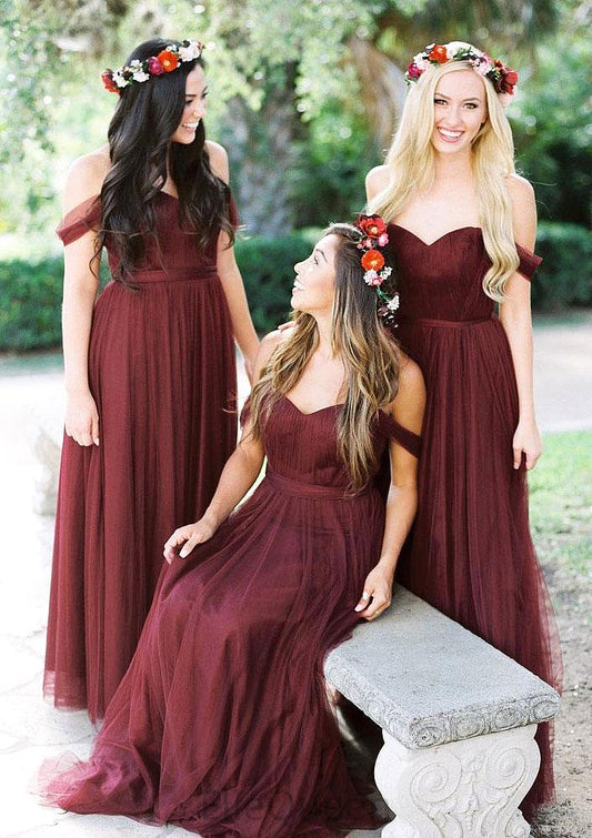 Sleeveless Off-the-Shoulder Long/Floor-Length Tulle A-line/Princess Bridesmaid Dresseses With Pleated Annalise DGP0025591