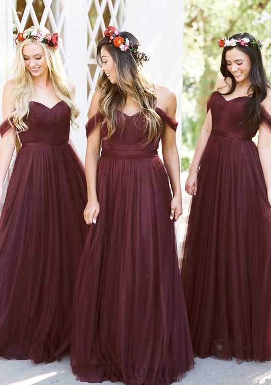 Sleeveless Off-the-Shoulder Long/Floor-Length Tulle A-line/Princess Bridesmaid Dresseses With Pleated Annalise DGP0025591