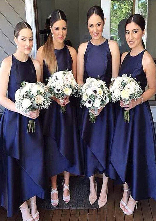 Scoop Neck Sleeveless Asymmetrical A-line/Princess Satin Bridesmaid Dresseses With Pleated Judy DGP0025599