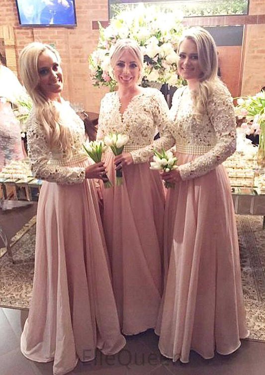 Full/Long Sleeve Scalloped Neck A-line/Princess Chiffon Long/Floor-Length Bridesmaid Dresseses With Beading Lace Marina DGP0025602