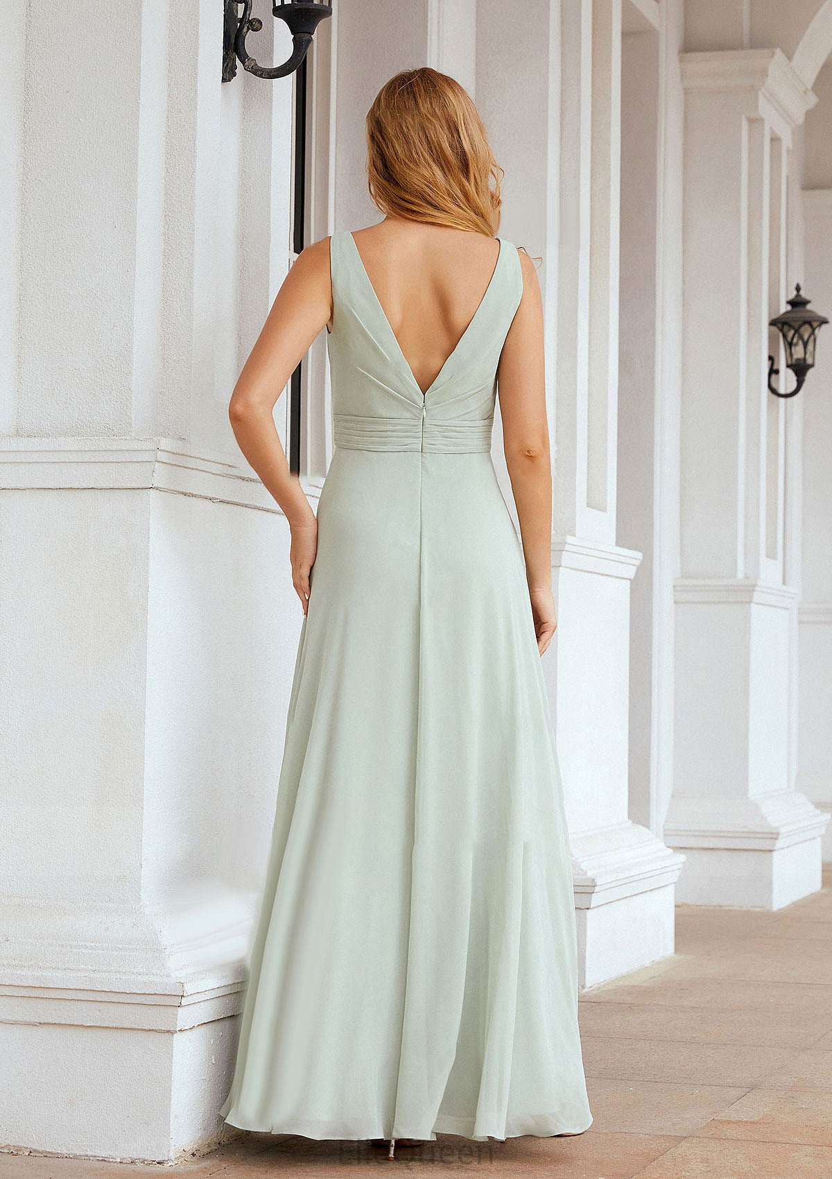 A-line Bateau Sleeveless Chiffon Long/Floor-Length Bridesmaid Dresses Ruffles Pleated Sofia DGP0025608