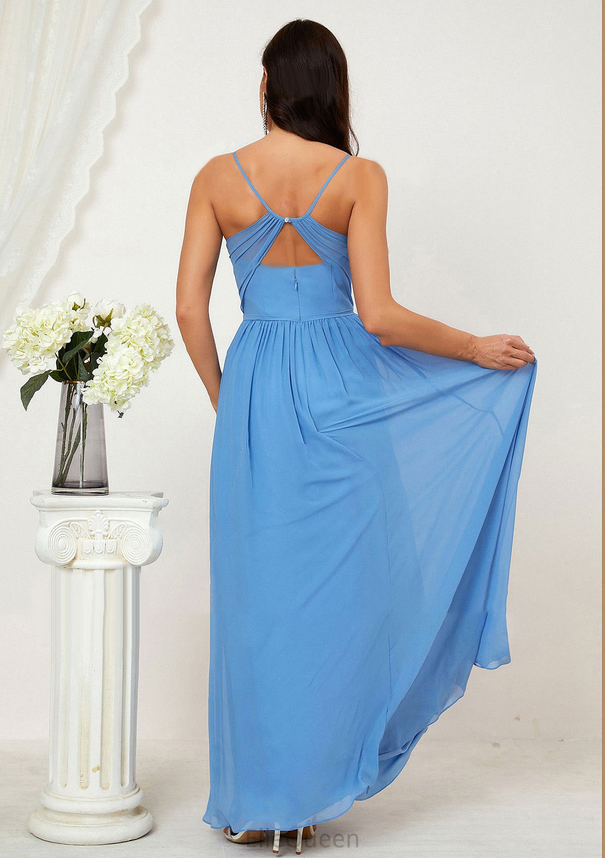 A-line V Neck Sleeveless Chiffon Long/Floor-Length Bridesmaid Dresses With Pleated Split Eliza DGP0025609