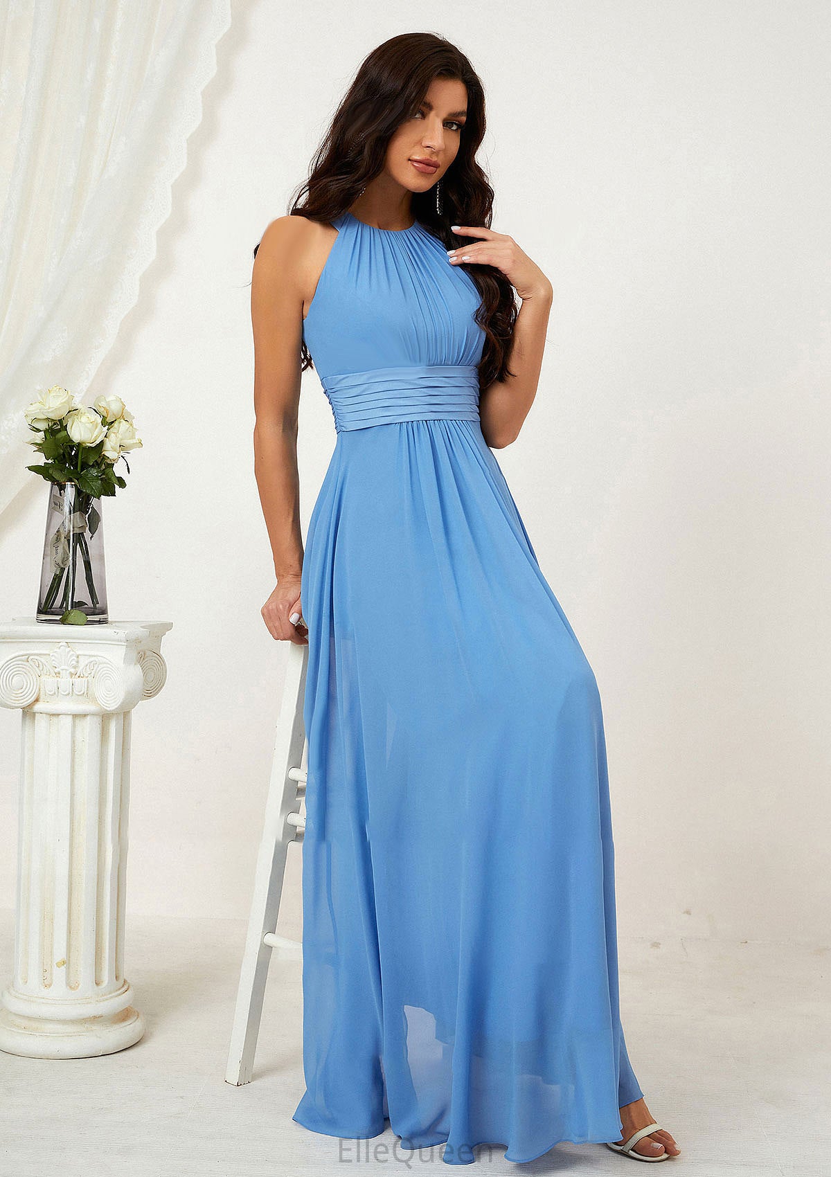 A-line Halter Sleeveless Chiffon Long/Floor-Length Bridesmaid Dresses With Pleated Andrea DGP0025610