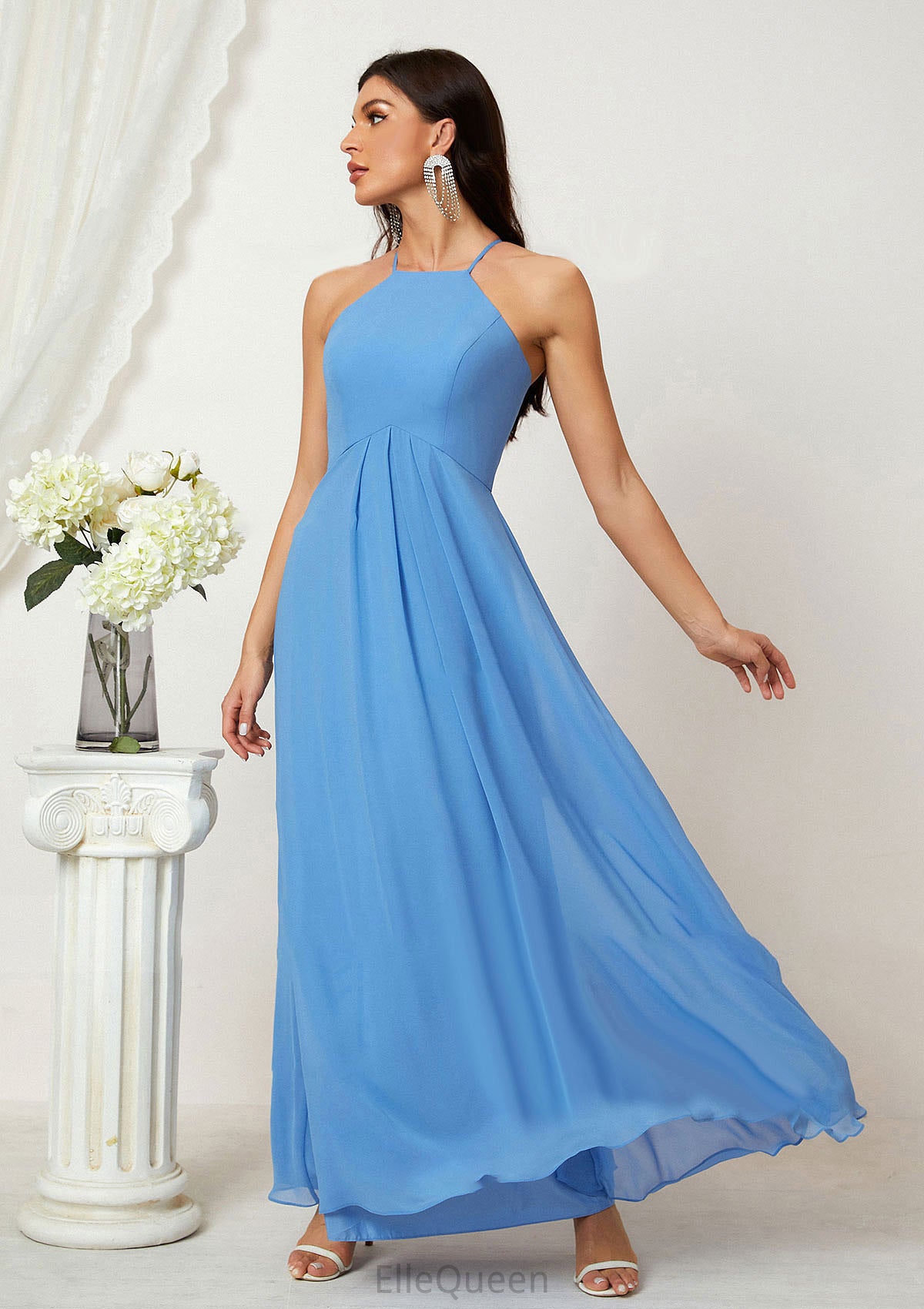 A-line Empire Halter Sleeveless Chiffon Long/Floor-Length Bridesmaid Dresses With Ruffles Joyce DGP0025611