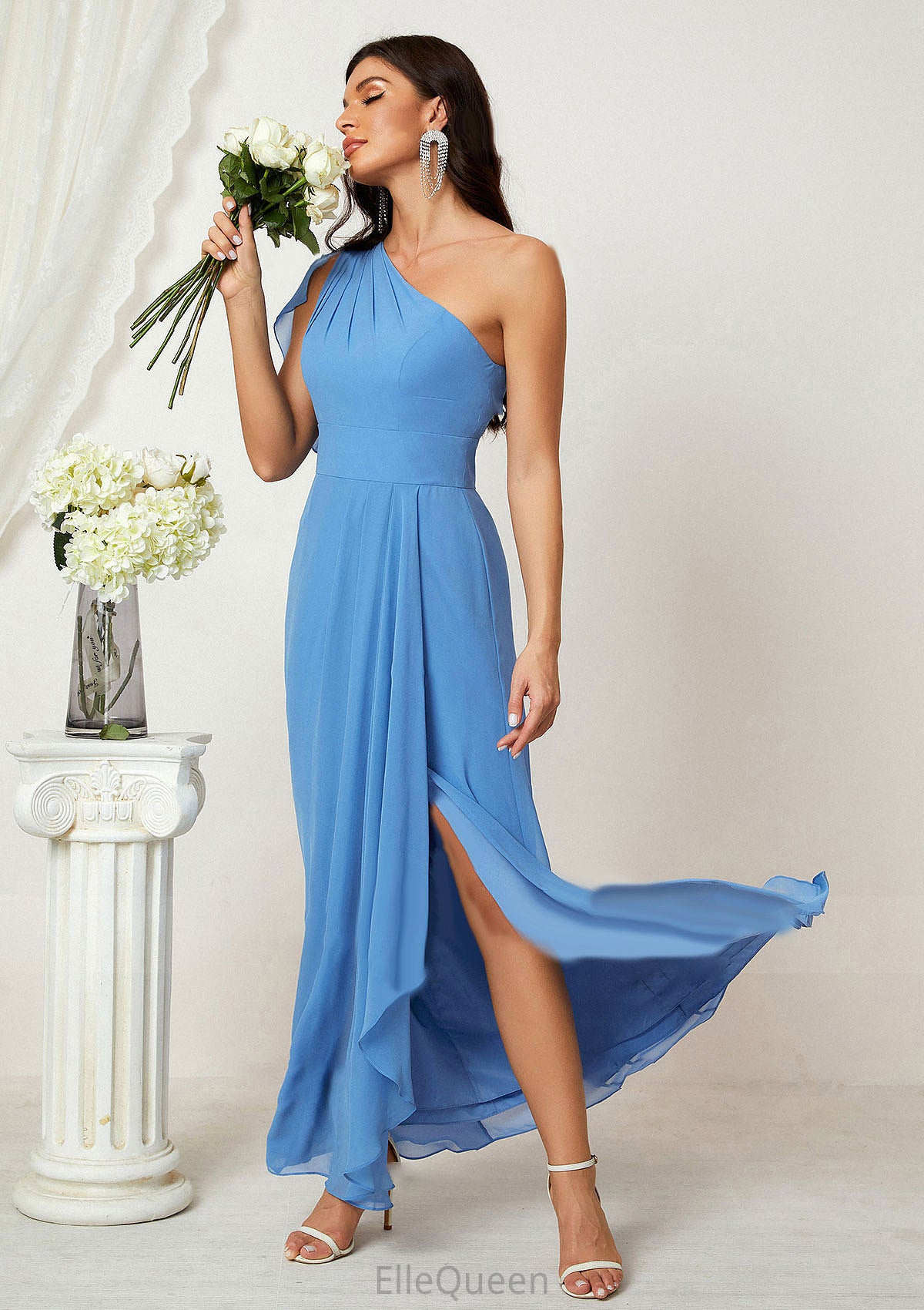 A-line One-Shoulder Sleeveless Chiffon Long/Floor-Length Bridesmaid Dresses With Pleated Split Lorna DGP0025613