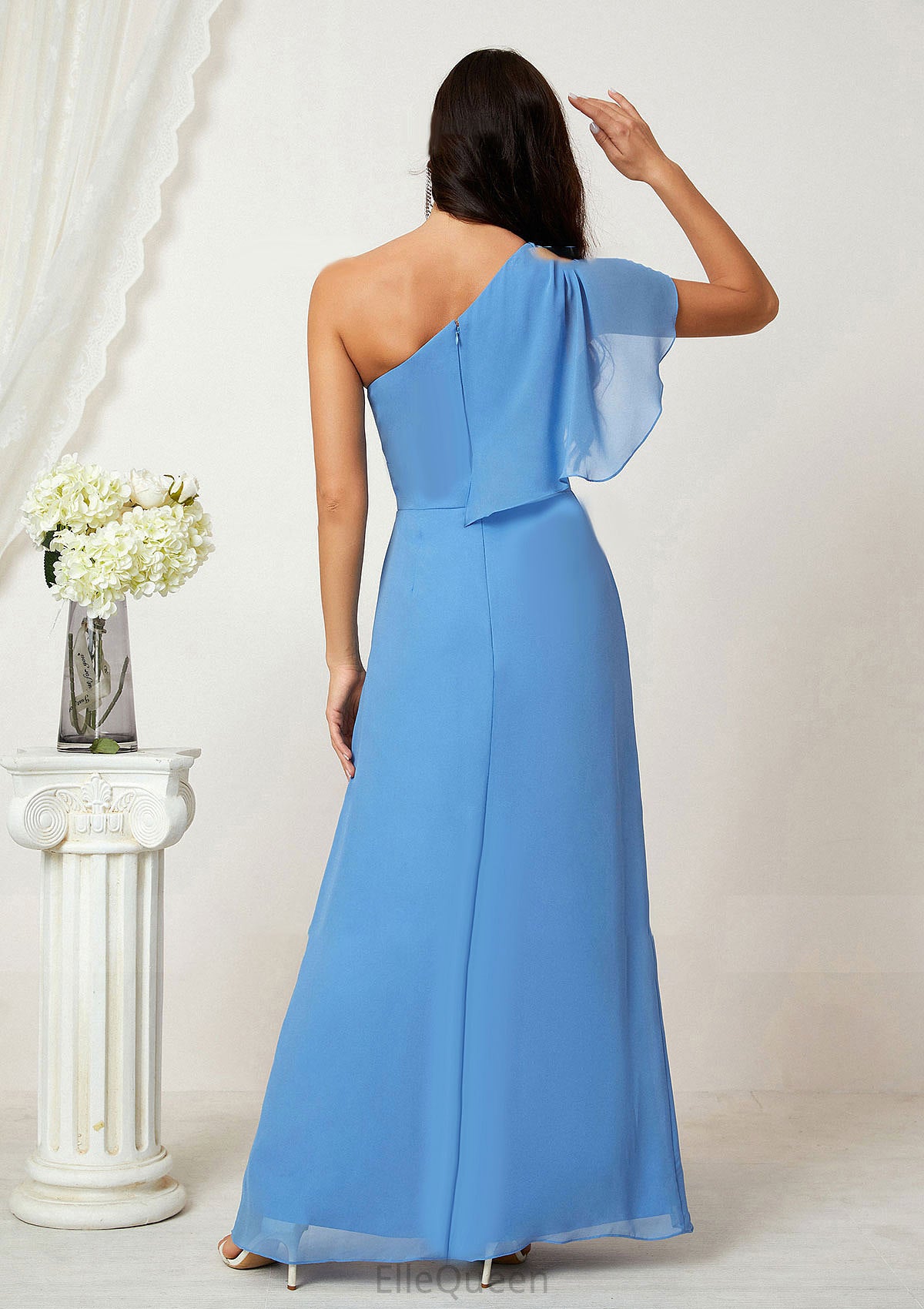 A-line One-Shoulder Sleeveless Chiffon Long/Floor-Length Bridesmaid Dresses With Pleated Split Lorna DGP0025613