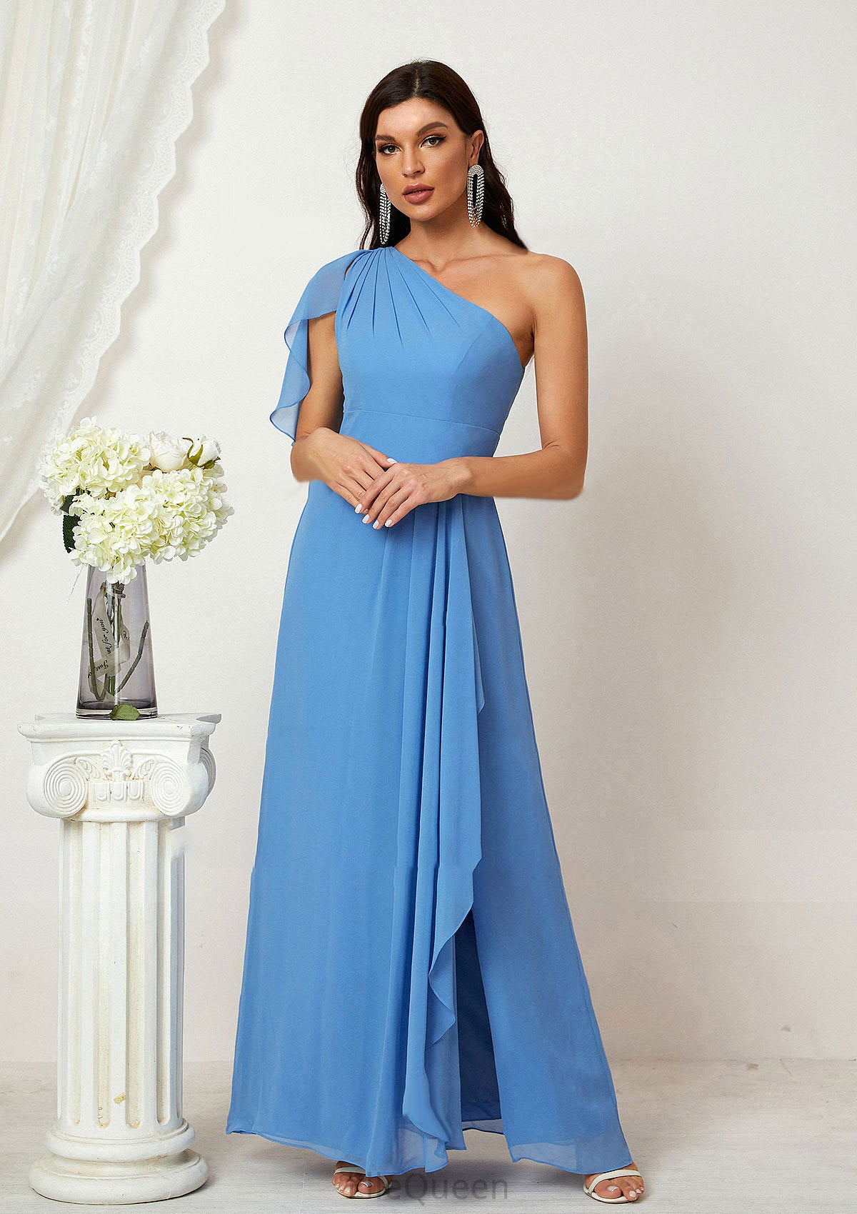 A-line One-Shoulder Sleeveless Chiffon Long/Floor-Length Bridesmaid Dresses With Pleated Split Lorna DGP0025613