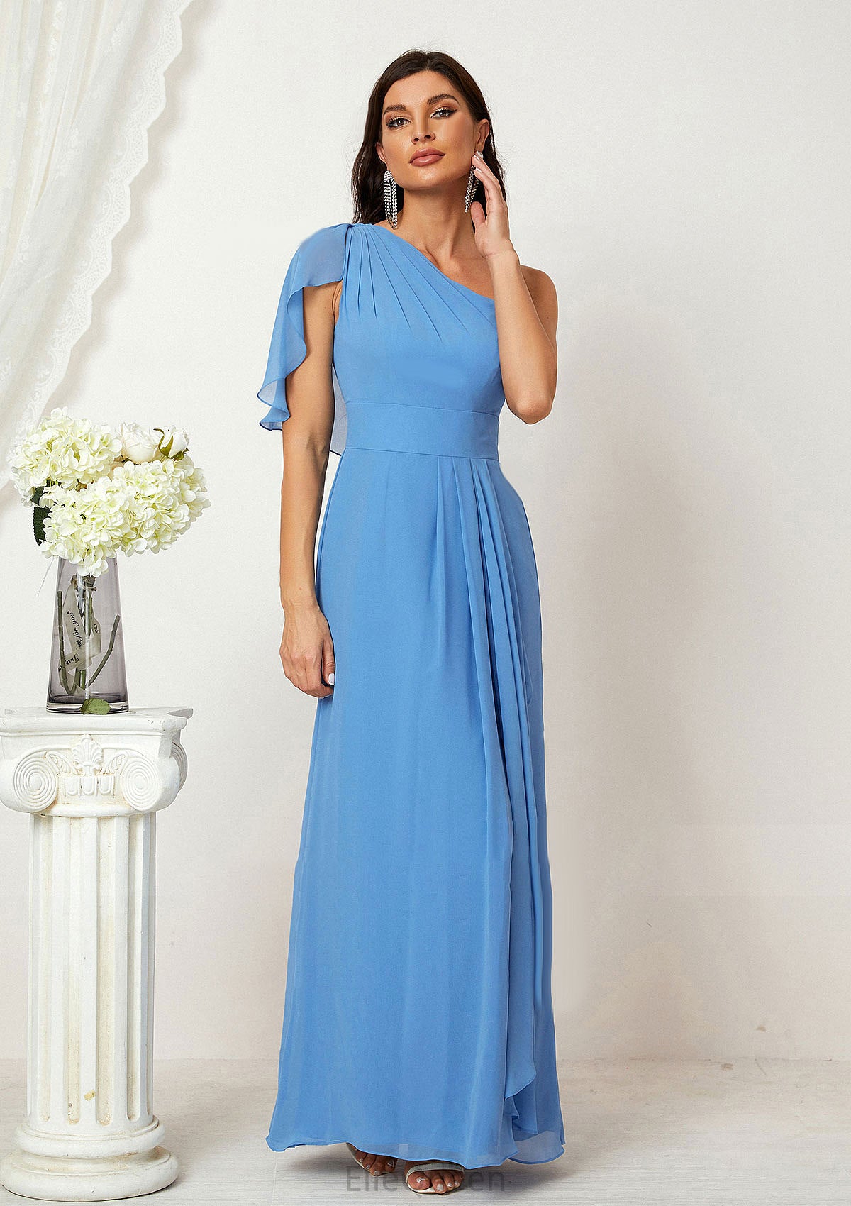 A-line One-Shoulder Sleeveless Chiffon Long/Floor-Length Bridesmaid Dresses With Pleated Split Lorna DGP0025613