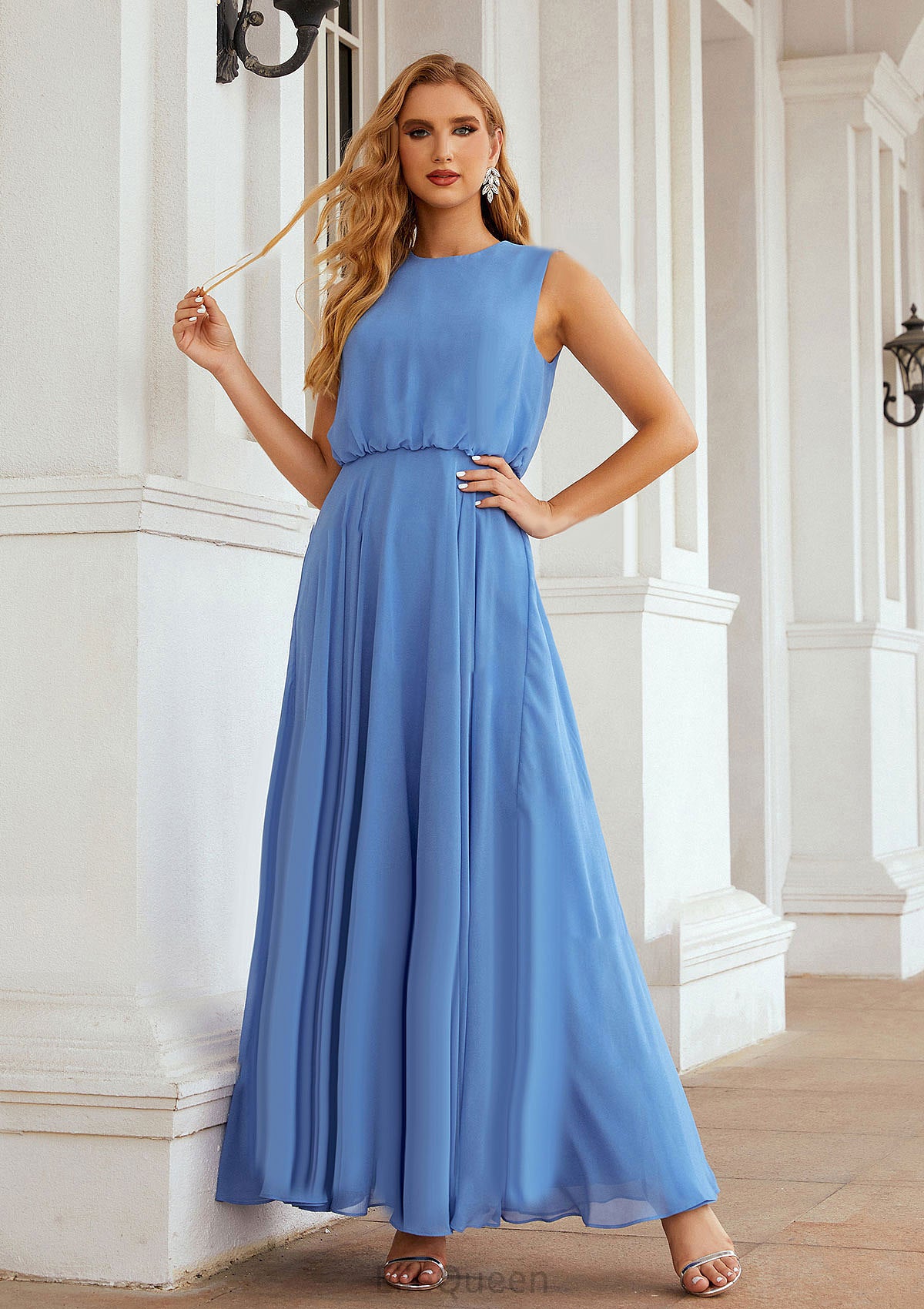 A-line Scoop Neck Sleeveless Chiffon Long/Floor-Length Bridesmaid Dresses Abril DGP0025618