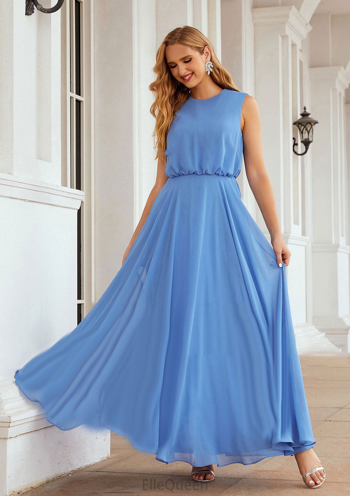 A-line Scoop Neck Sleeveless Chiffon Long/Floor-Length Bridesmaid Dresses Abril DGP0025618