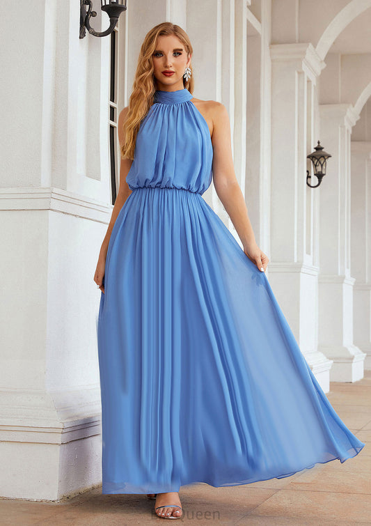 A-line Empire High-Neck Sleeveless Chiffon Long/Floor-Length Bridesmaid Dresses With Pleated Valentina DGP0025619