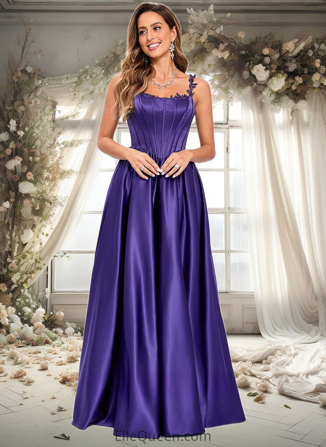 Taryn Ball-Gown/Princess Scoop Floor-Length Satin Prom Dresses With Appliques Lace Beading DGP0025865