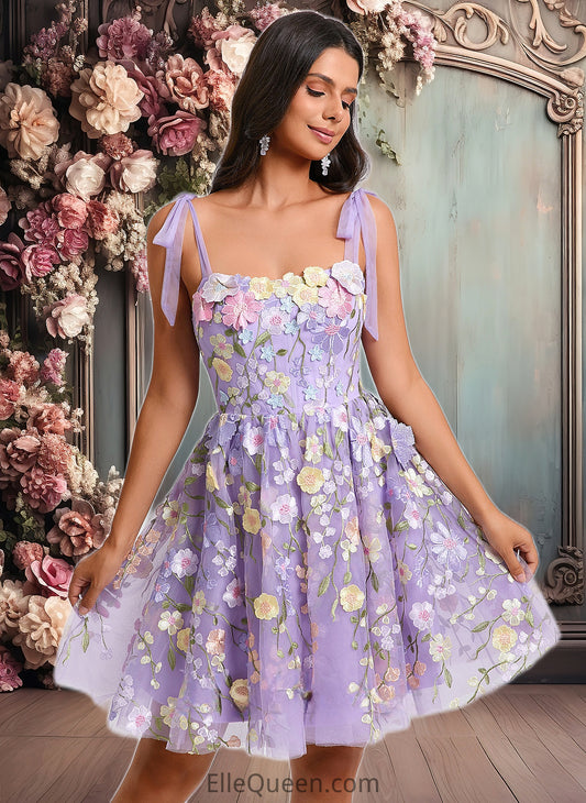 Ryann A-line Scoop Short Floral Lace Homecoming Dress With Bow 3D Floral DGP0025695