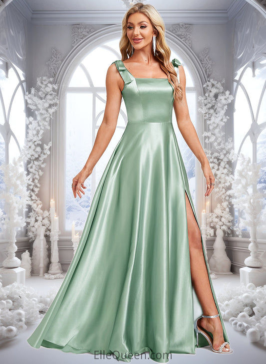 Jamya A-line Square Floor-Length Stretch Satin Bridesmaid Dress With Bow DGP0025788