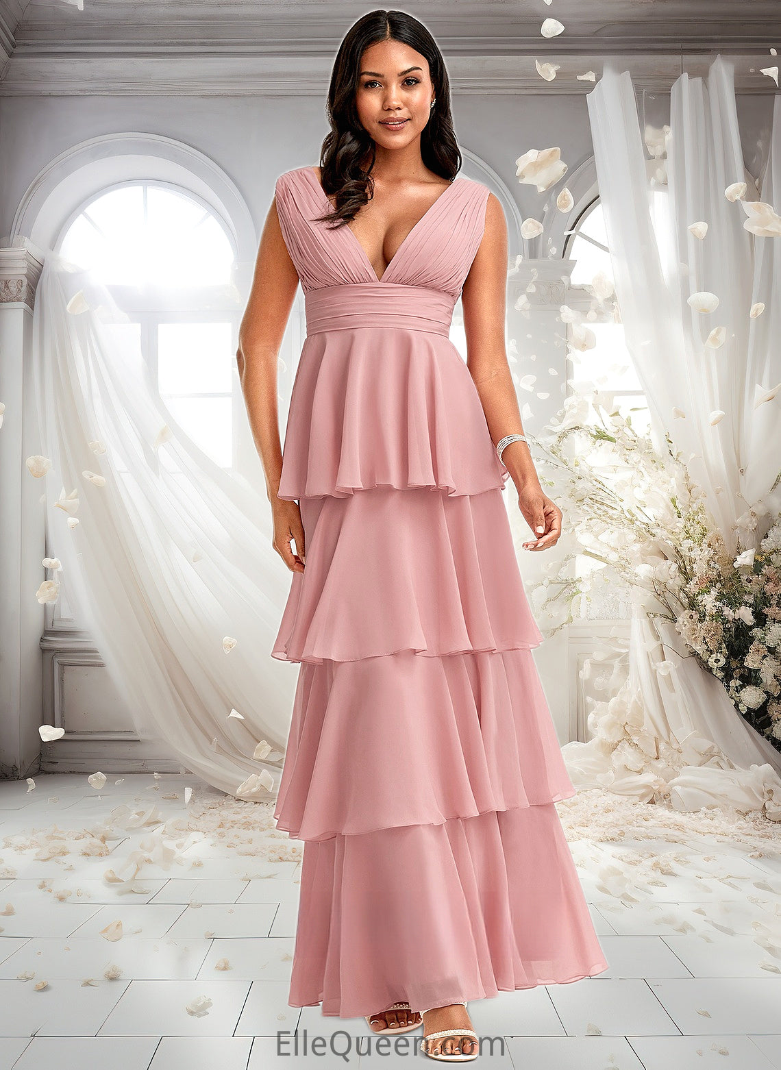 Ximena A-line V-Neck Floor-Length Chiffon Bridesmaid Dress DGP0025749