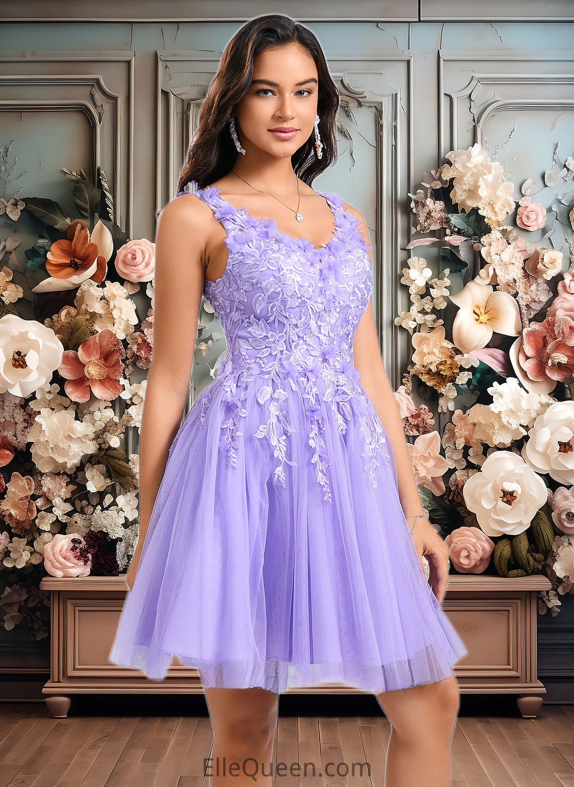 Cheyanne Ball-Gown/Princess V-Neck Short Lace Tulle Homecoming Dress With Flower DGP0025656