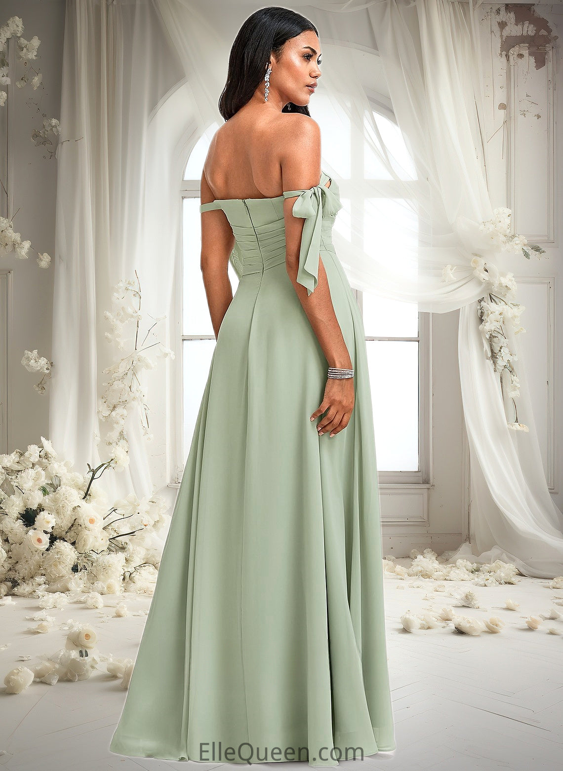 Carina A-line Cowl Floor-Length Chiffon Bridesmaid Dress With Bow DGP0025738