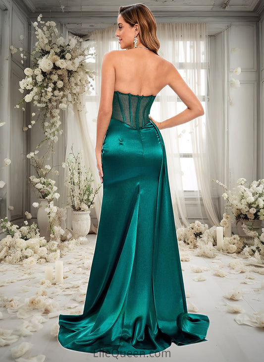 Lacey Trumpet/Mermaid Straight Sweep Train Stretch Satin Prom Dresses With Pleated DGP0025849