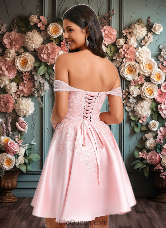 Renee A-line Off the Shoulder Short Satin Homecoming Dress With Rhinestone Beading Appliques Lace DGP0025679