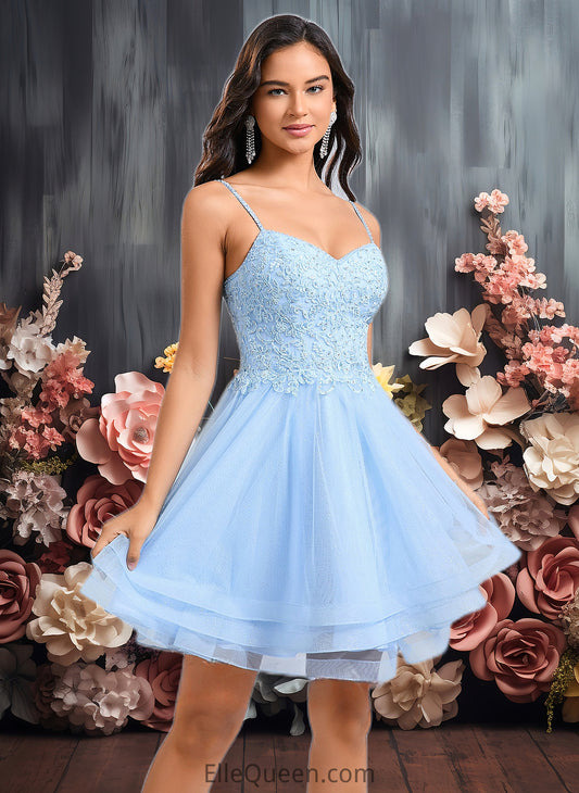 Aracely A-line V-Neck Short Lace Tulle Homecoming Dress With Rhinestone Sequins DGP0025658