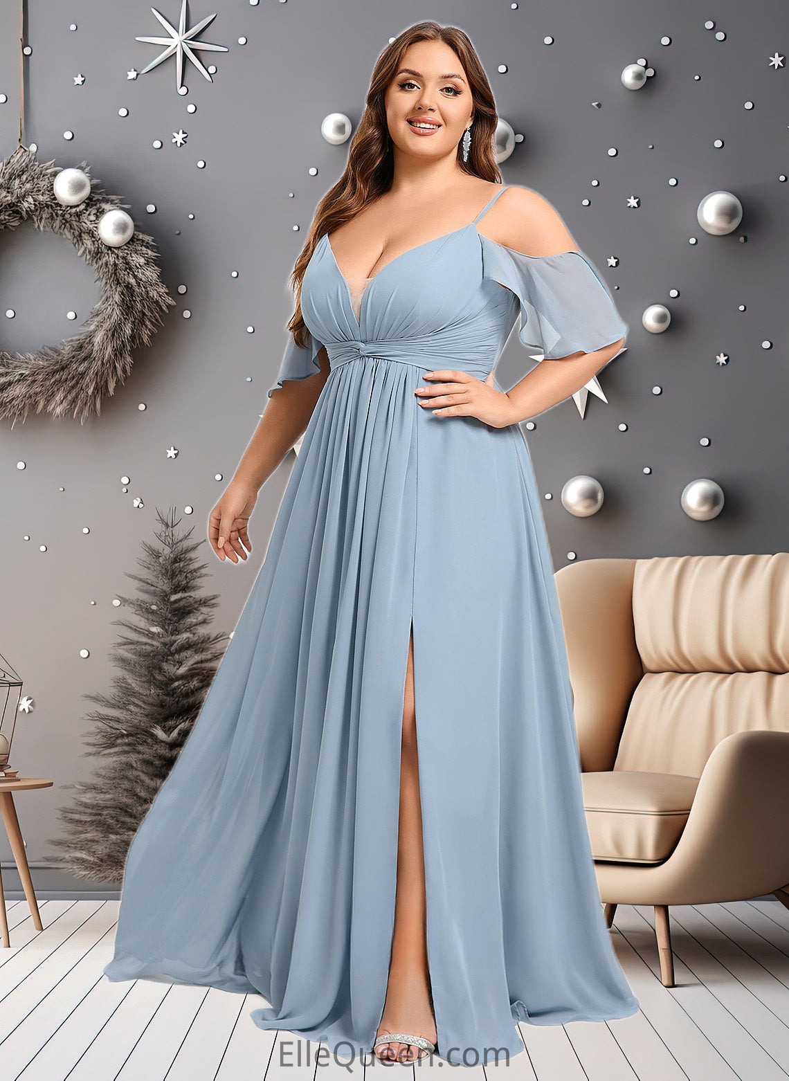 Tina A-line Cold Shoulder Floor-Length Chiffon Bridesmaid Dress With Ruffle DGP0025797