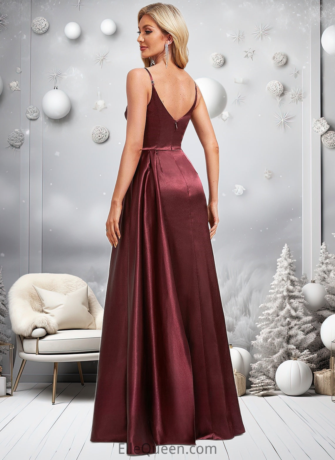 Lindsay A-line V-Neck Floor-Length Stretch Satin Bridesmaid Dress With Ruffle DGP0025785