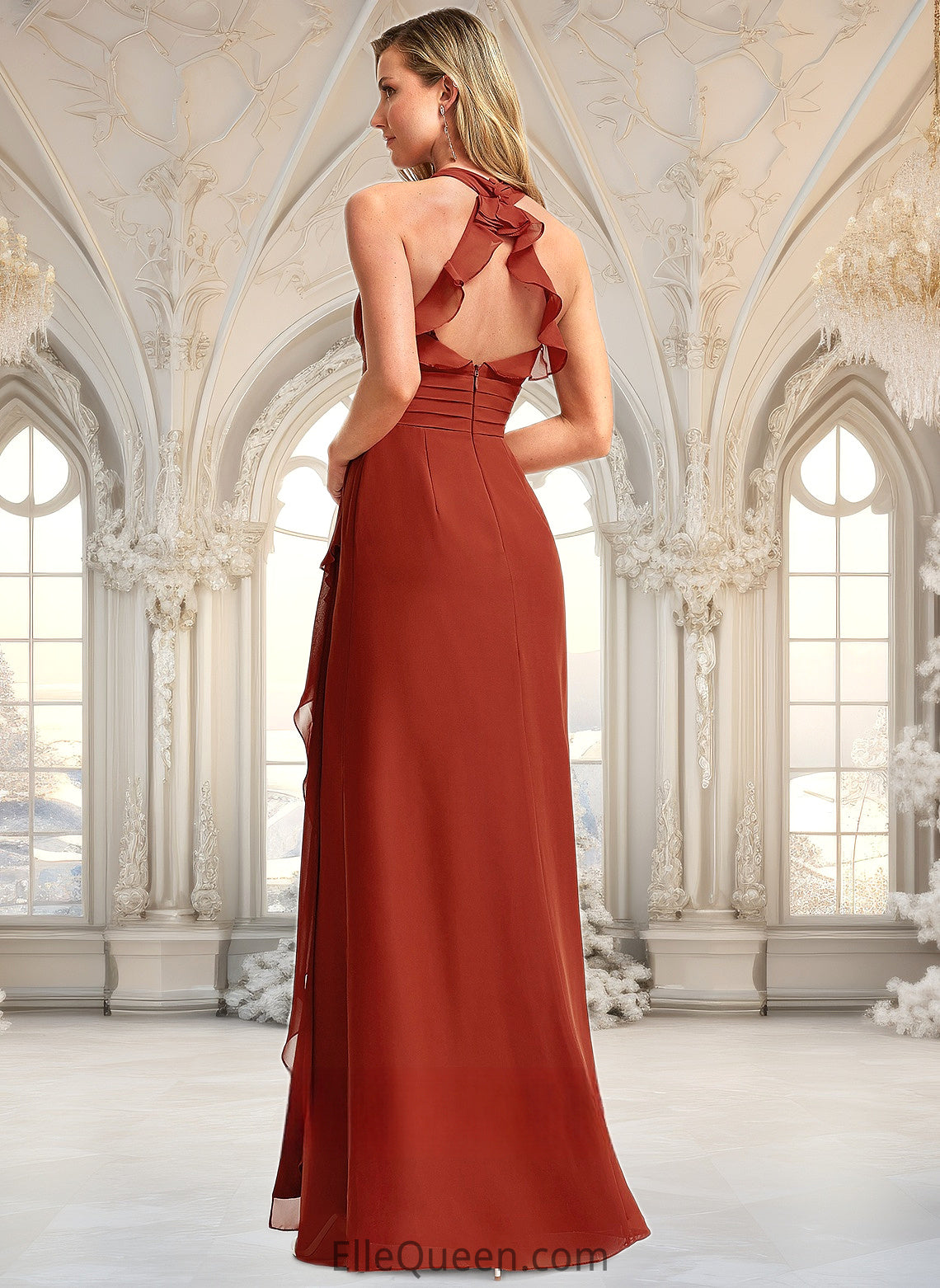 Nayeli A-line V-Neck Floor-Length Chiffon Bridesmaid Dress With Ruffle DGP0025754