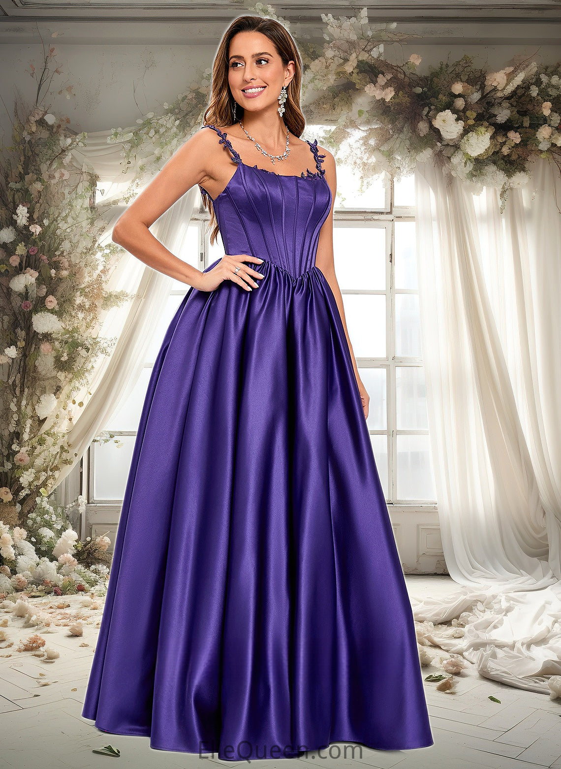 Taryn Ball-Gown/Princess Scoop Floor-Length Satin Prom Dresses With Appliques Lace Beading DGP0025865