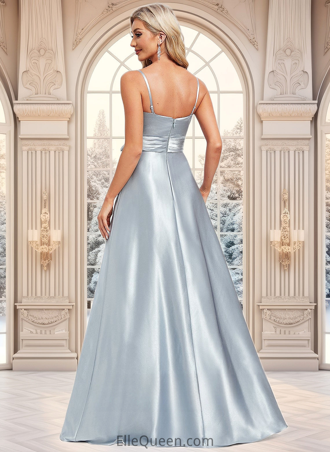 Dominique A-line V-Neck Floor-Length Stretch Satin Bridesmaid Dress DGP0025795