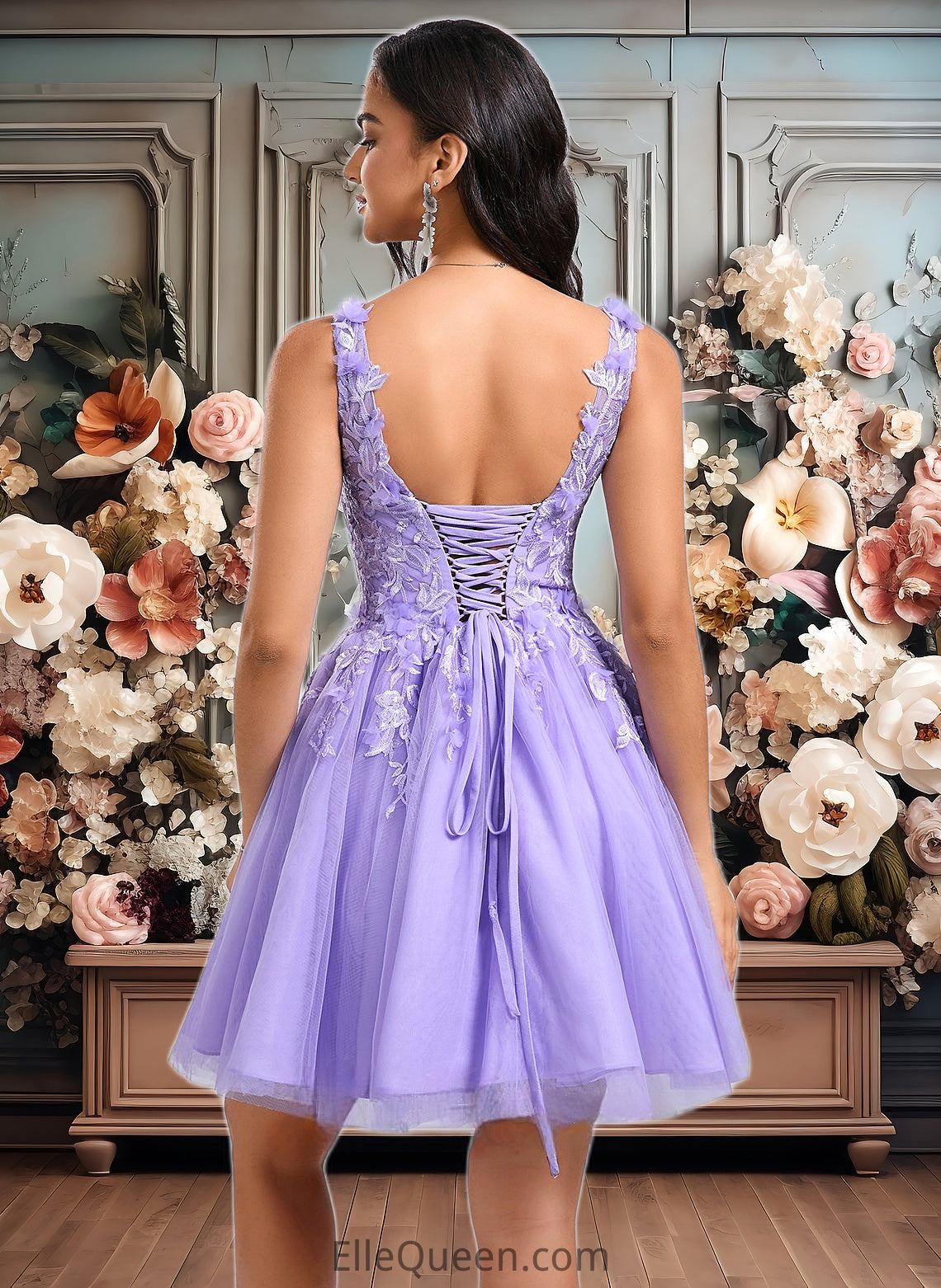 Cheyanne Ball-Gown/Princess V-Neck Short Lace Tulle Homecoming Dress With Flower DGP0025656