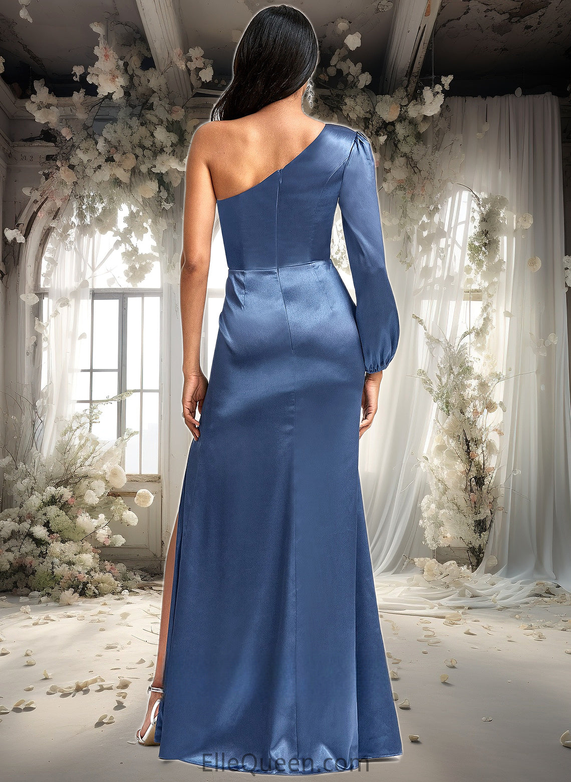 Edith A-line One Shoulder Floor-Length Stretch Satin Bridesmaid Dress With Bow DGP0025730