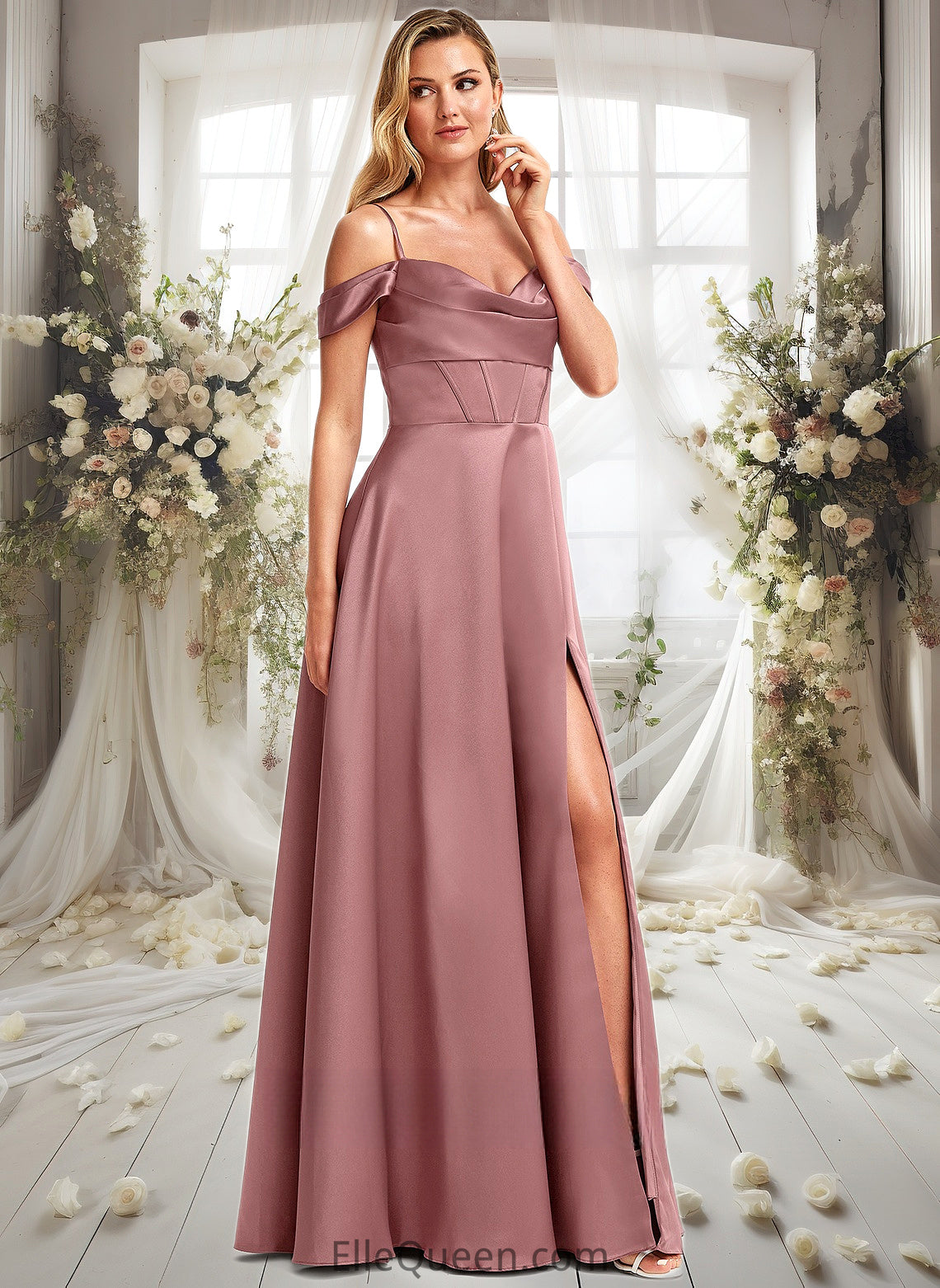 Ansley A-line Cold Shoulder Floor-Length Satin Bridesmaid Dress DGP0025750