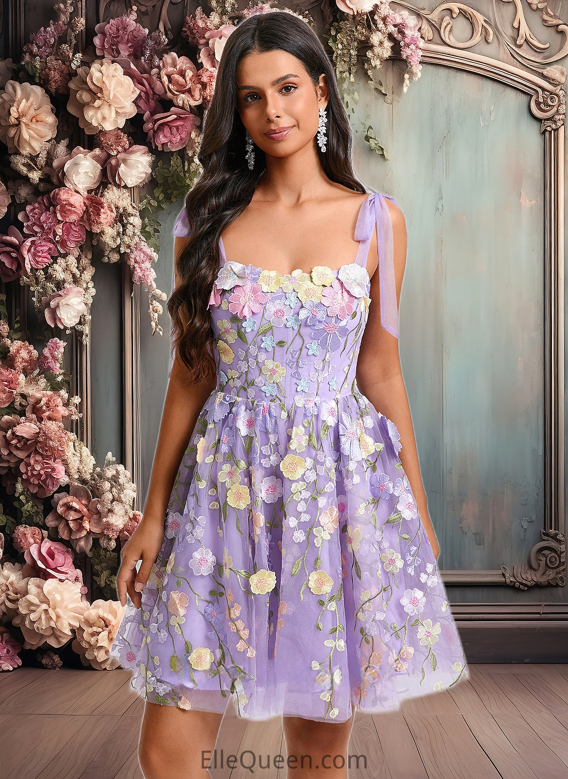 Ryann A-line Scoop Short Floral Lace Homecoming Dress With Bow 3D Floral DGP0025695