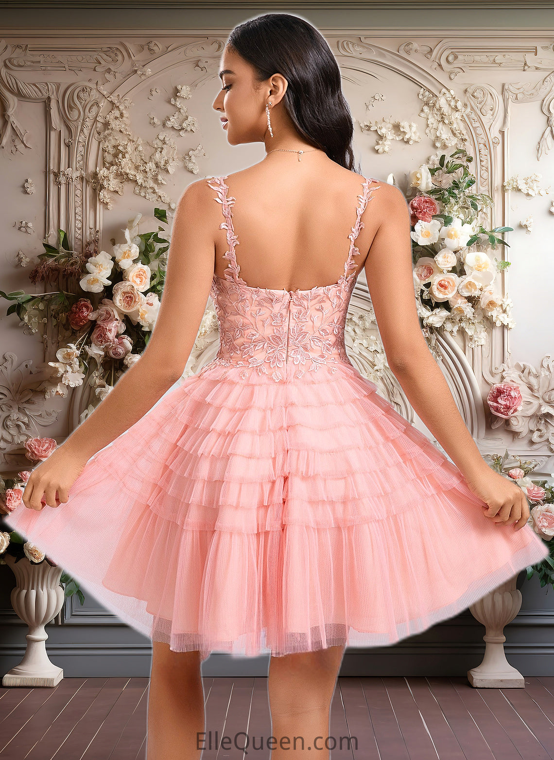 Moriah Ball-Gown/Princess Scoop Short Tulle Lace Homecoming Dress With Ruffle DGP0025676