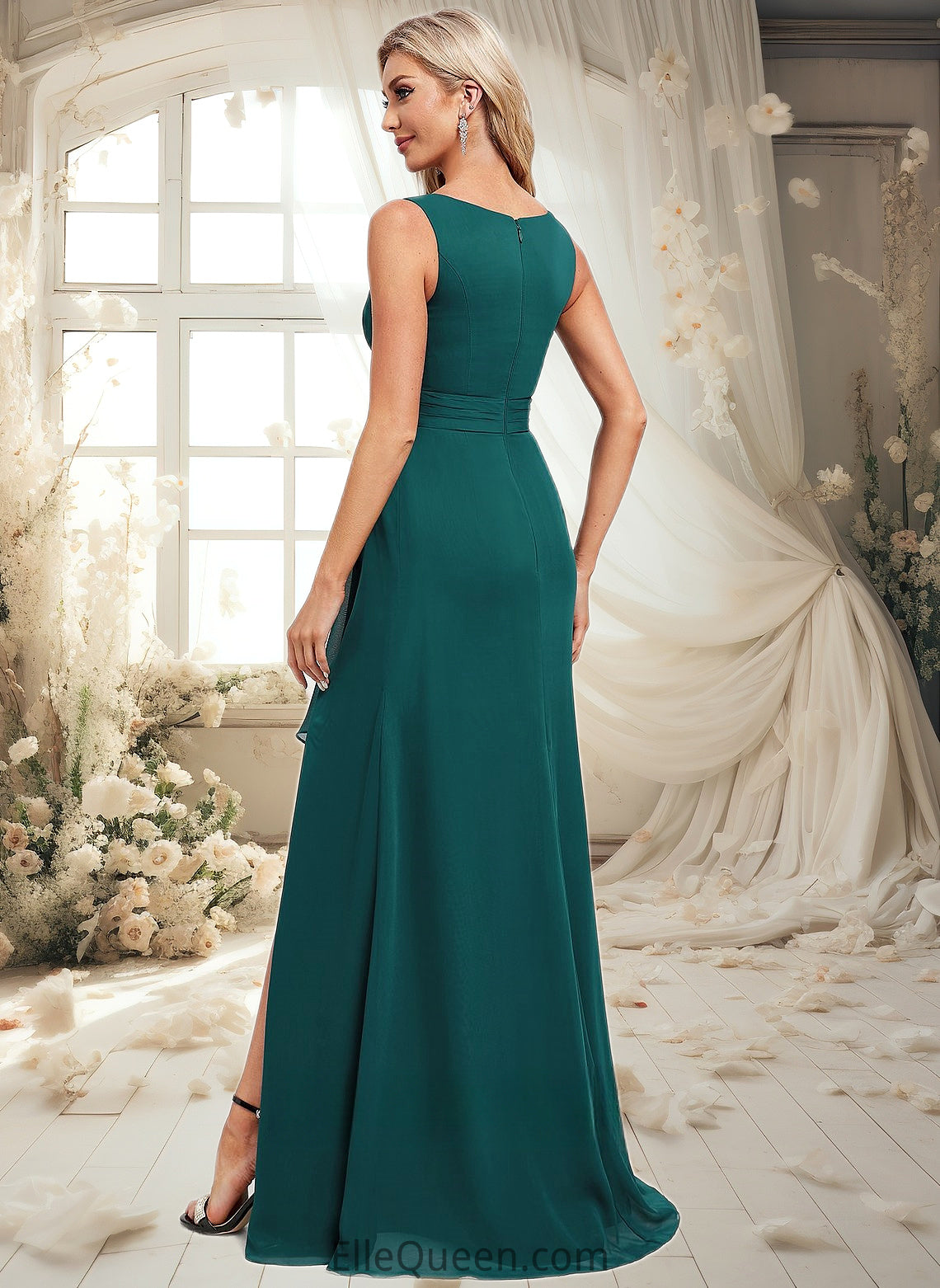 Nora A-line Scoop Floor-Length Chiffon Bridesmaid Dress With Ruffle DGP0025814