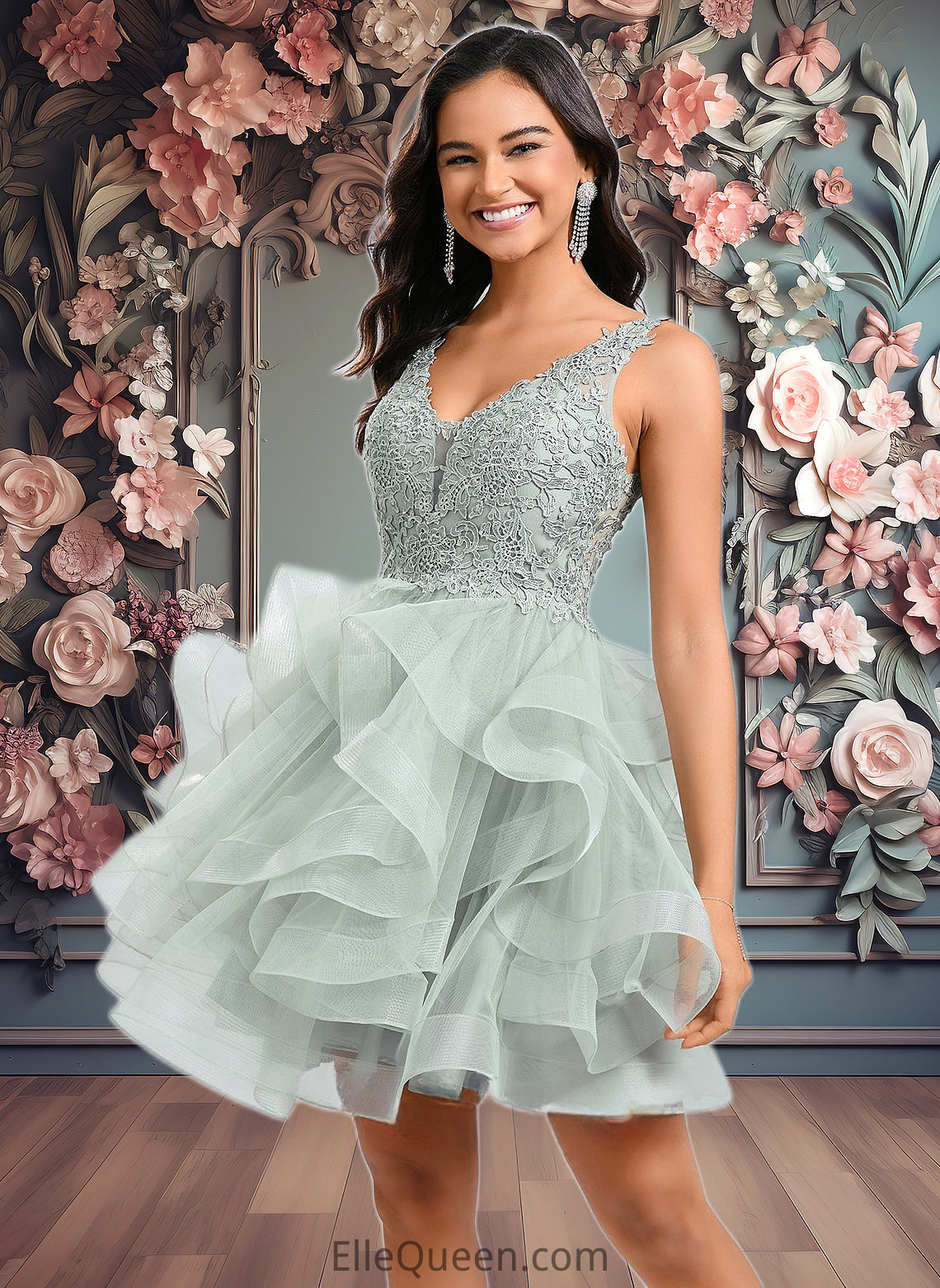 Carolyn Ball-Gown/Princess V-Neck Short Tulle Lace Homecoming Dress DGP0025671