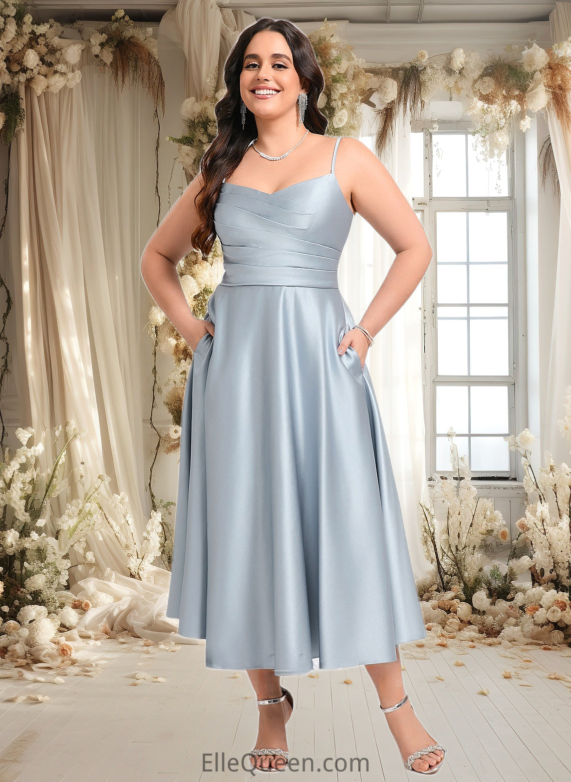 Lyric A-line V-Neck Tea-Length Satin Bridesmaid Dress DGP0025794