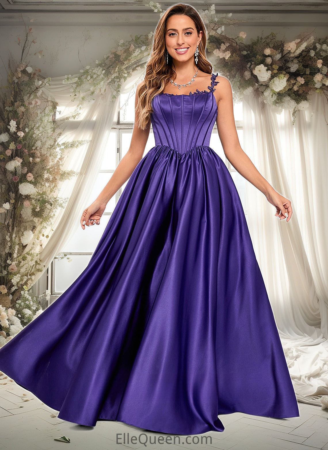 Taryn Ball-Gown/Princess Scoop Floor-Length Satin Prom Dresses With Appliques Lace Beading DGP0025865