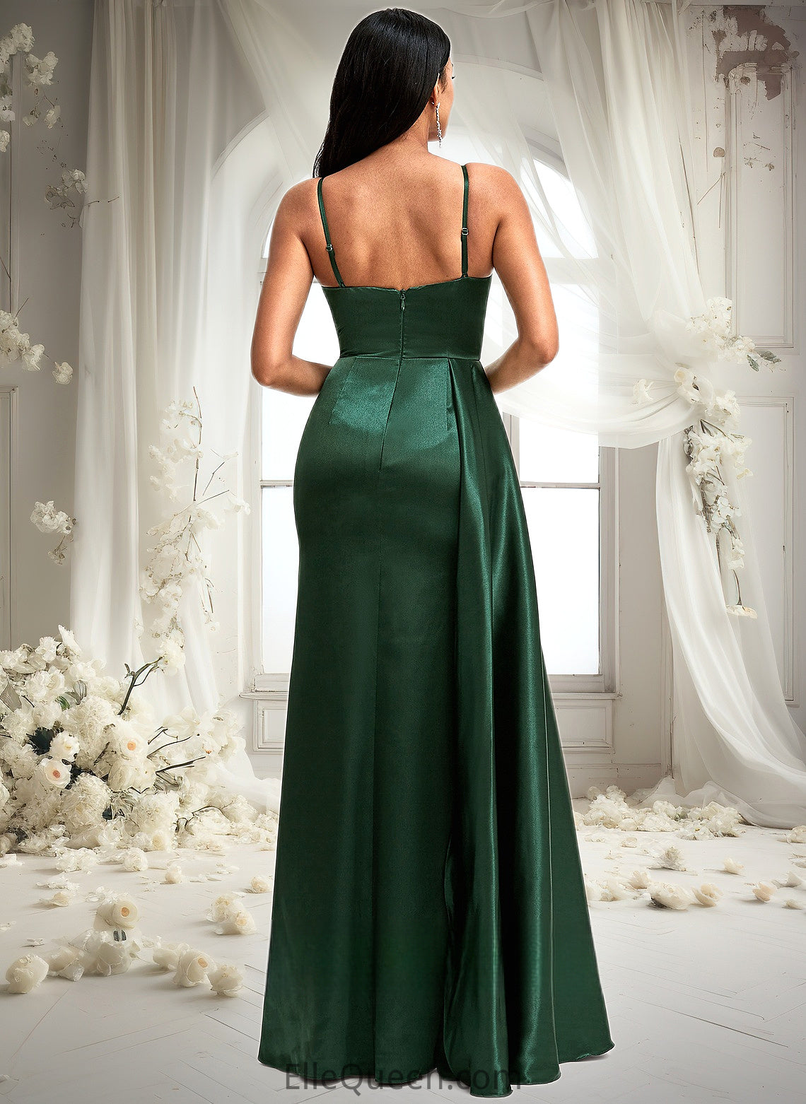 Kiera A-line V-Neck Floor-Length Stretch Satin Bridesmaid Dress DGP0025745